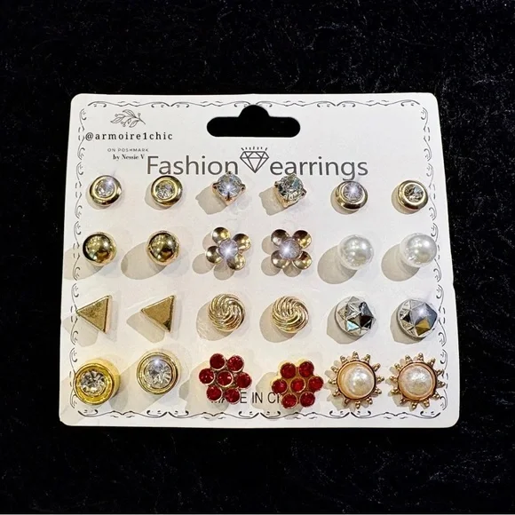 Classic Fashion EARRINGS Set | 12 pairs | Gold, Silver, Red - Picture 1 of 5